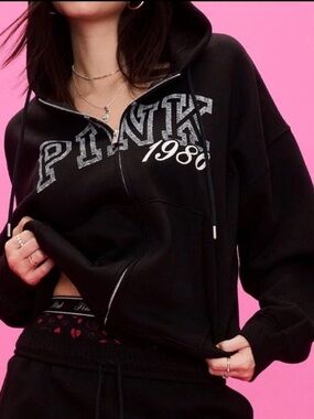 NWT PINK Victoria's Secret Black Full-Zip Campus Fleece Hoodie Logo Top Size XL